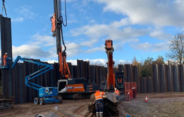Sheet piling project being carried out in Bell Farm, Bedford