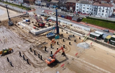 An aerial view of Aarsleff Ground Engineering creating a suspended deck for Cleethorpes Promenade Boathouse.