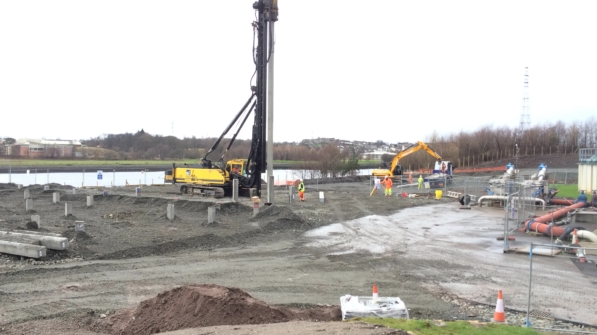 Aarsleff's Junttan PM20 piling rig being used to install precast concrete piles for the Dalmuir Waste Water Treatment project.