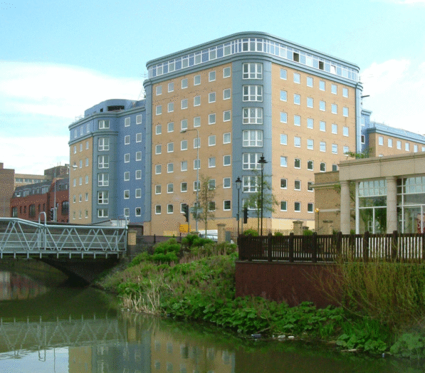Lincoln University student accommodation building, overlooking a canal.