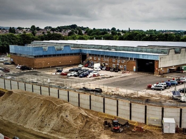 Aerial shot of the completed king post wall for Jewson’s Chesterfield branch.