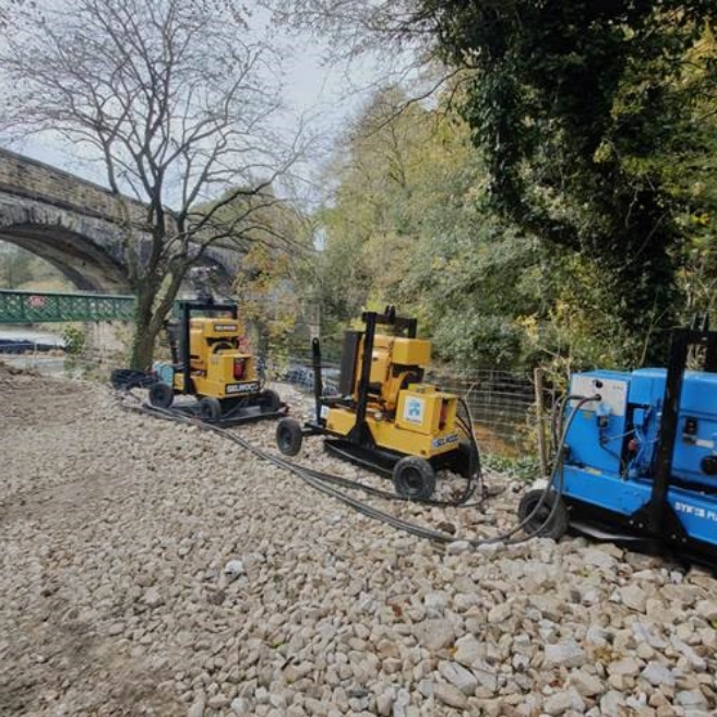Bulk fill workings and resin injection of soils by Aarsleff to stabilise the foundations of a former railway (masonry) bridge in Padiham.