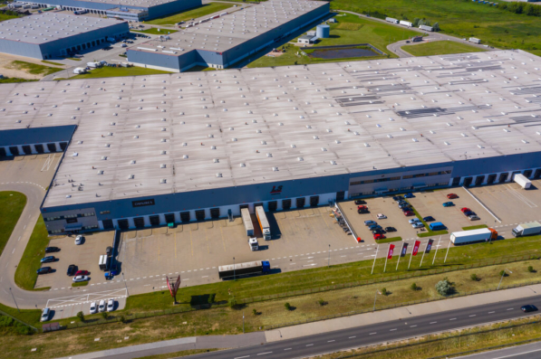 Aerial view of large warehouse