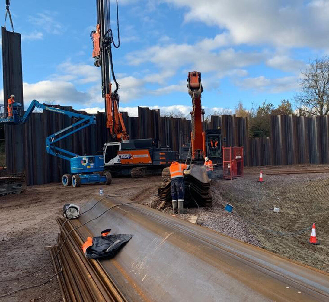 Sheet piling project being carried out in Bell Farm, Bedford