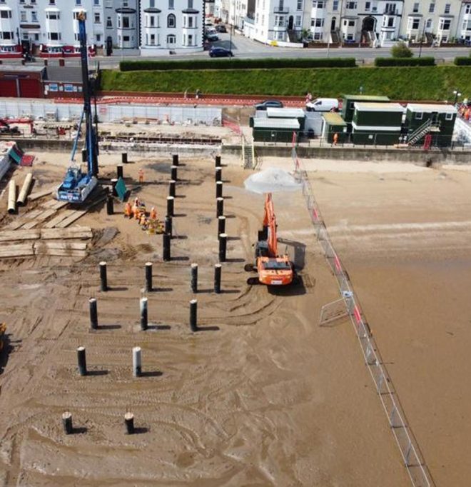 An aerial view of Aarsleff Ground Engineering creating a suspended deck for Cleethorpes Promenade Boathouse.