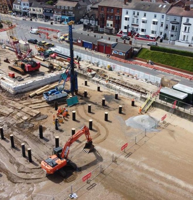 An aerial view of Aarsleff Ground Engineering creating a suspended deck for Cleethorpes Promenade Boathouse.