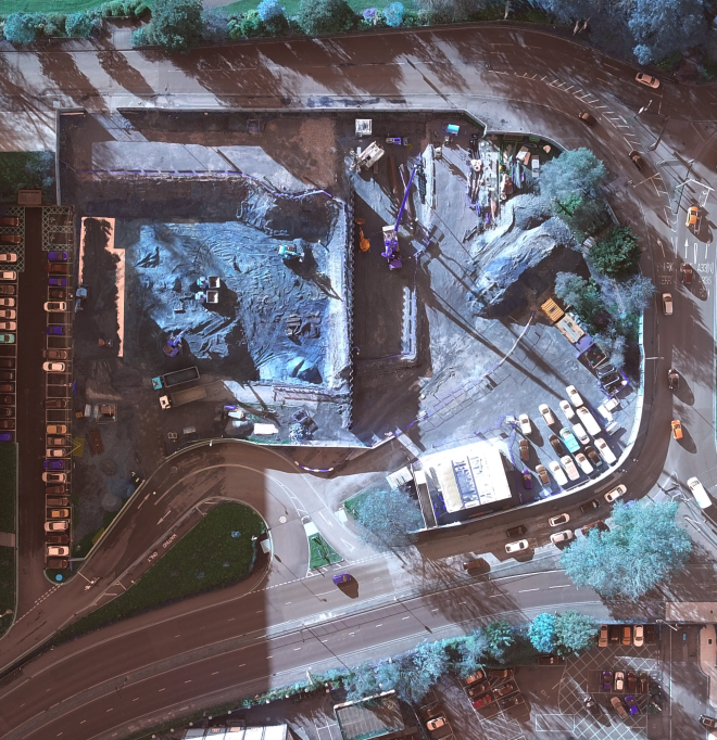 Aerial view of sheet piling works underway at Solent University.