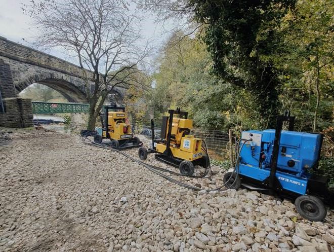 Bulk fill workings and resin injection of soils by Aarsleff to stabilise the foundations of a former railway (masonry) bridge in Padiham.