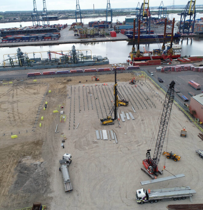 An aerial view of a precast and steel tube piling project at Tilbury Docks.